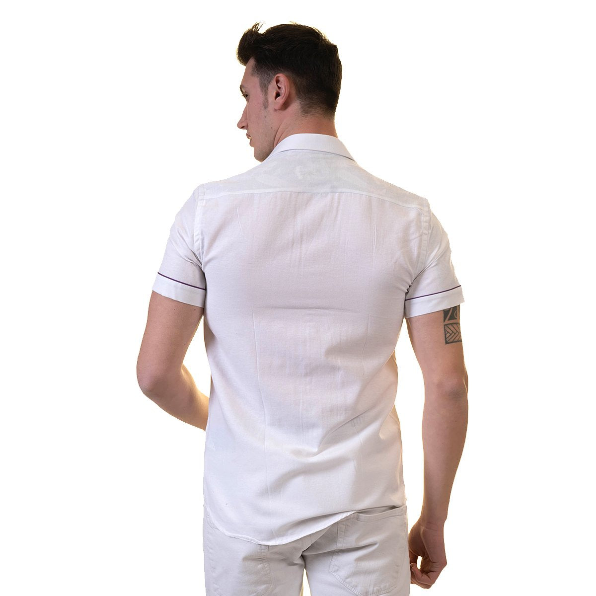 White Mens Short Sleeve Button up Shirts - Tailored Slim Fit Cotton