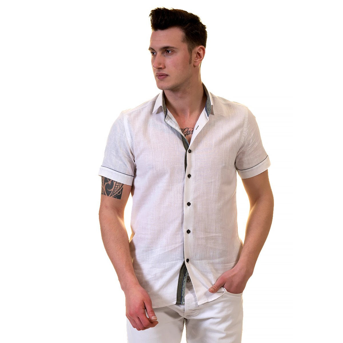 White Mens Short Sleeve Button up Shirts - Tailored Slim Fit Cotton