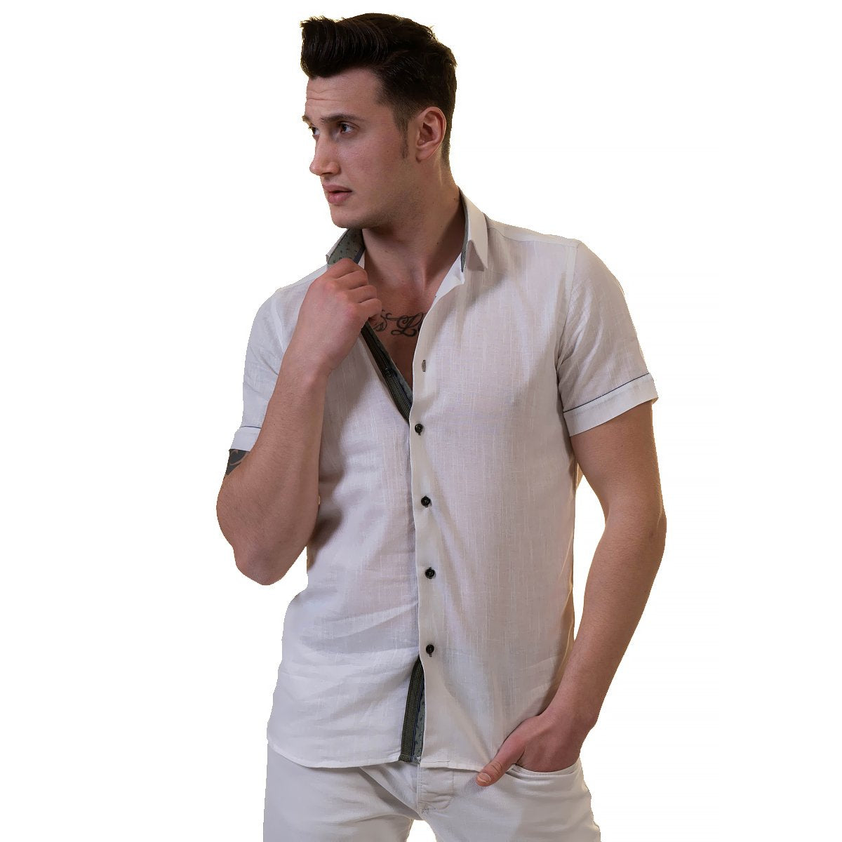 White Mens Short Sleeve Button up Shirts - Tailored Slim Fit Cotton