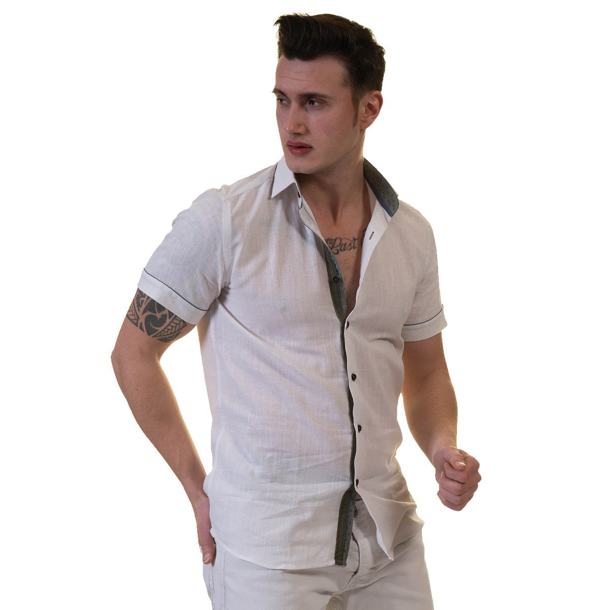 White Mens Short Sleeve Button up Shirts - Tailored Slim Fit Cotton