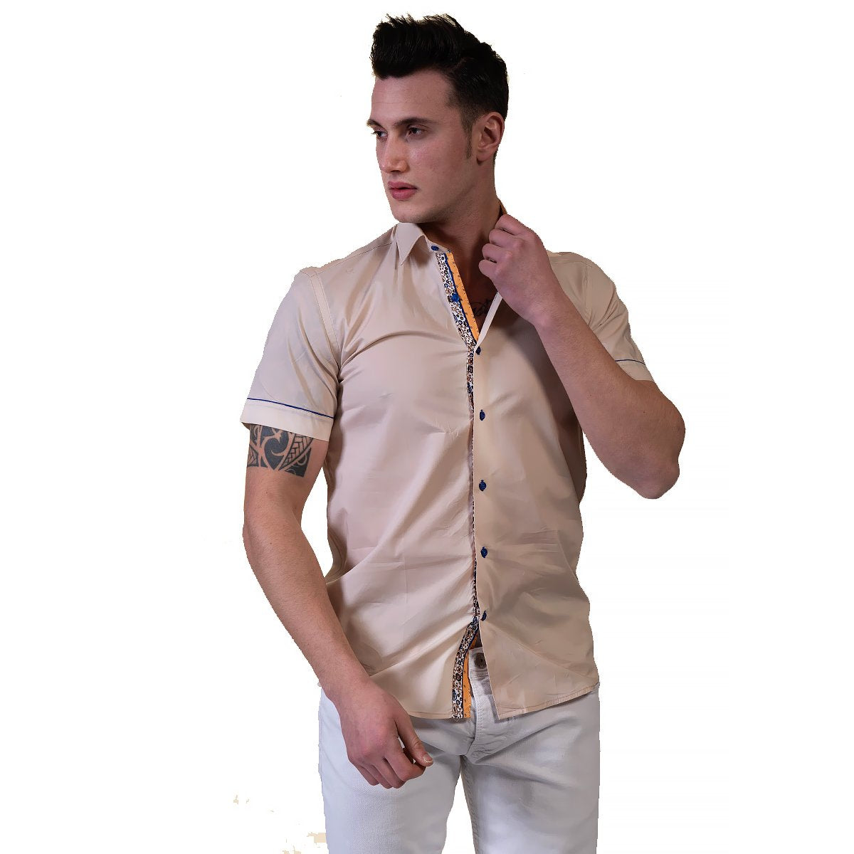 Beige Mens Short Sleeve Button up Shirts - Tailored Slim Fit Cotton