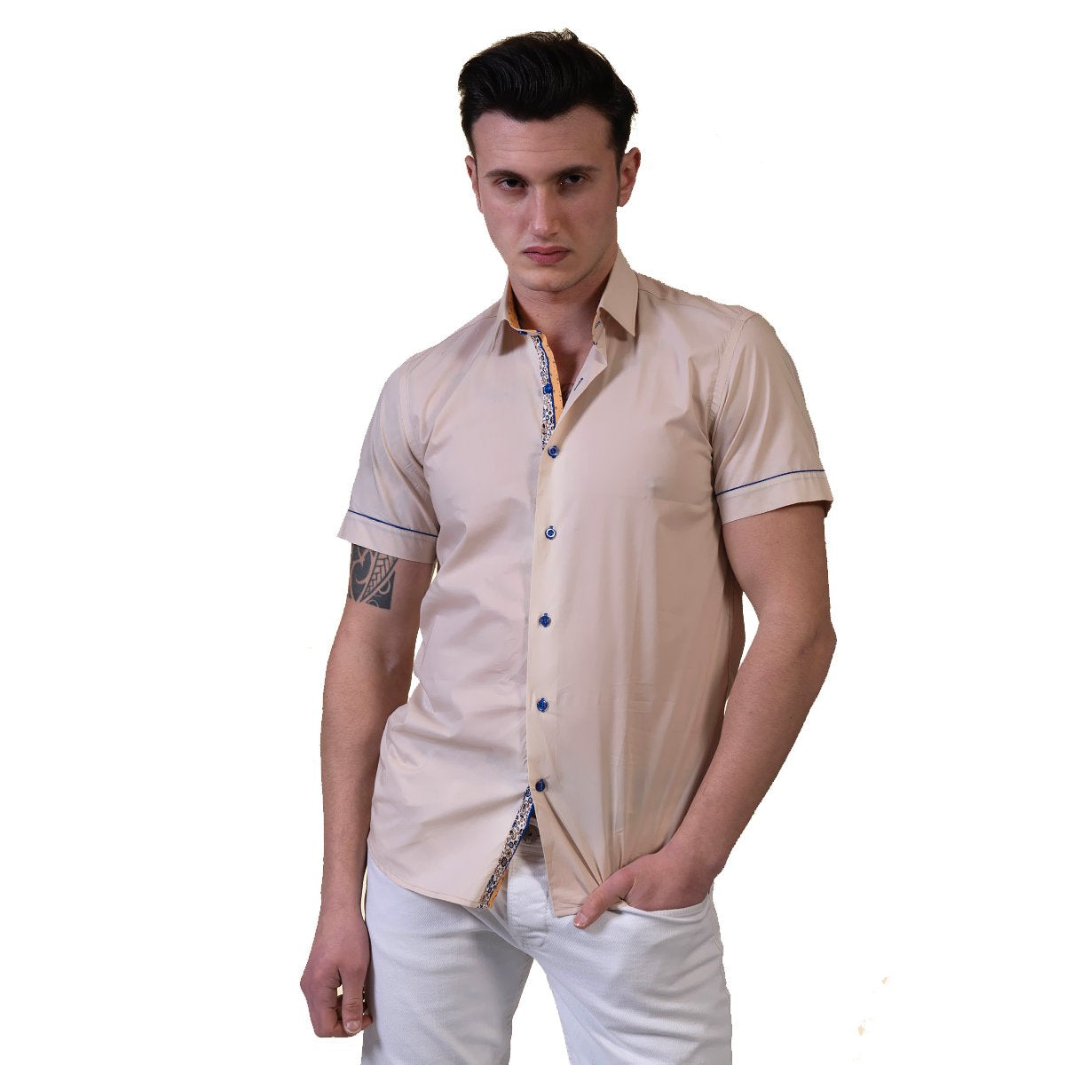 Beige Mens Short Sleeve Button up Shirts - Tailored Slim Fit Cotton