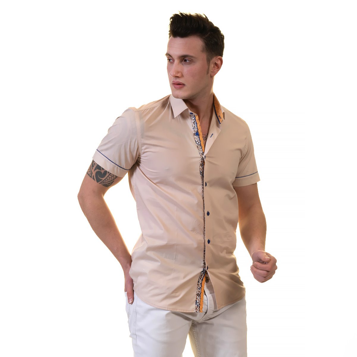 Beige Mens Short Sleeve Button up Shirts - Tailored Slim Fit Cotton