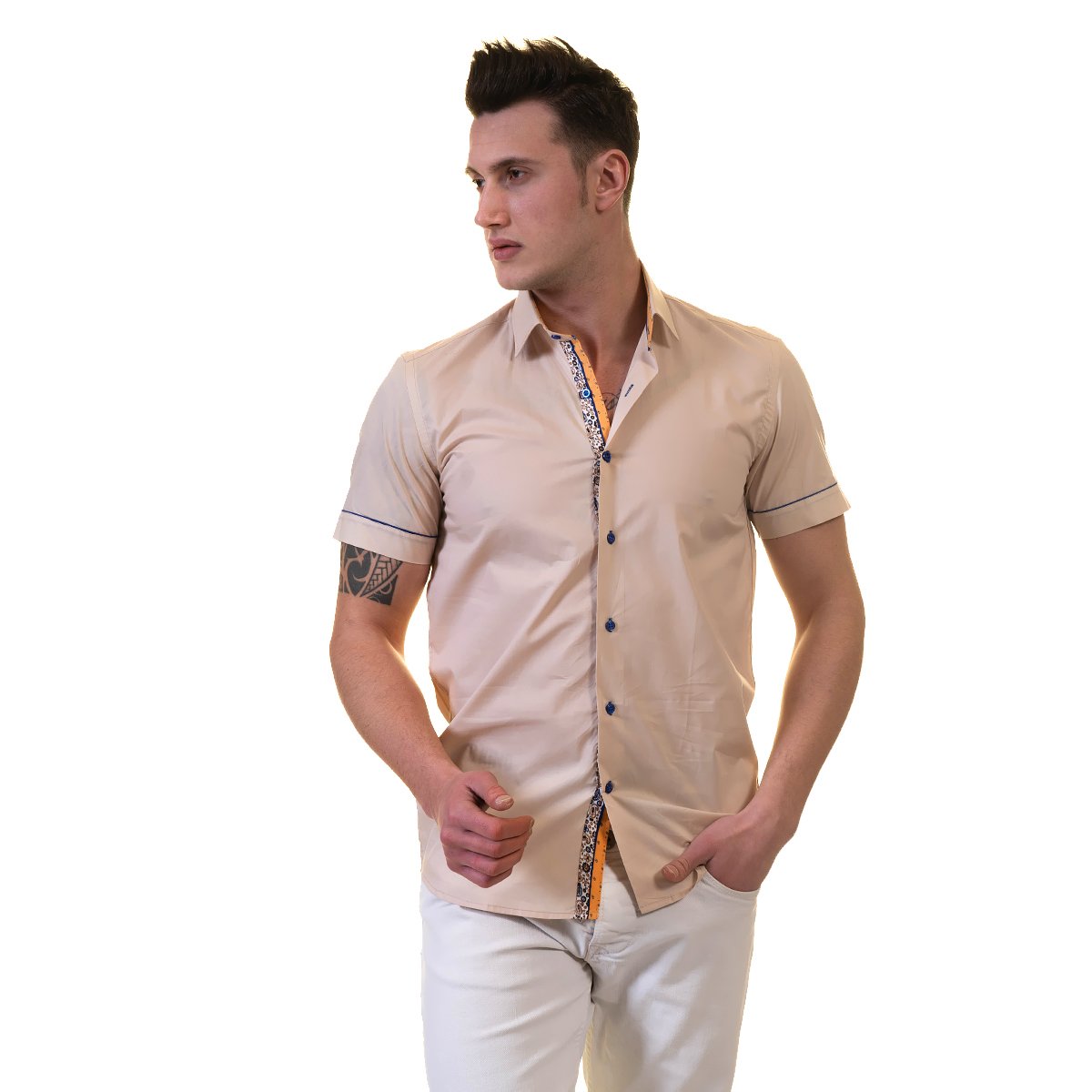 Beige Mens Short Sleeve Button up Shirts - Tailored Slim Fit Cotton