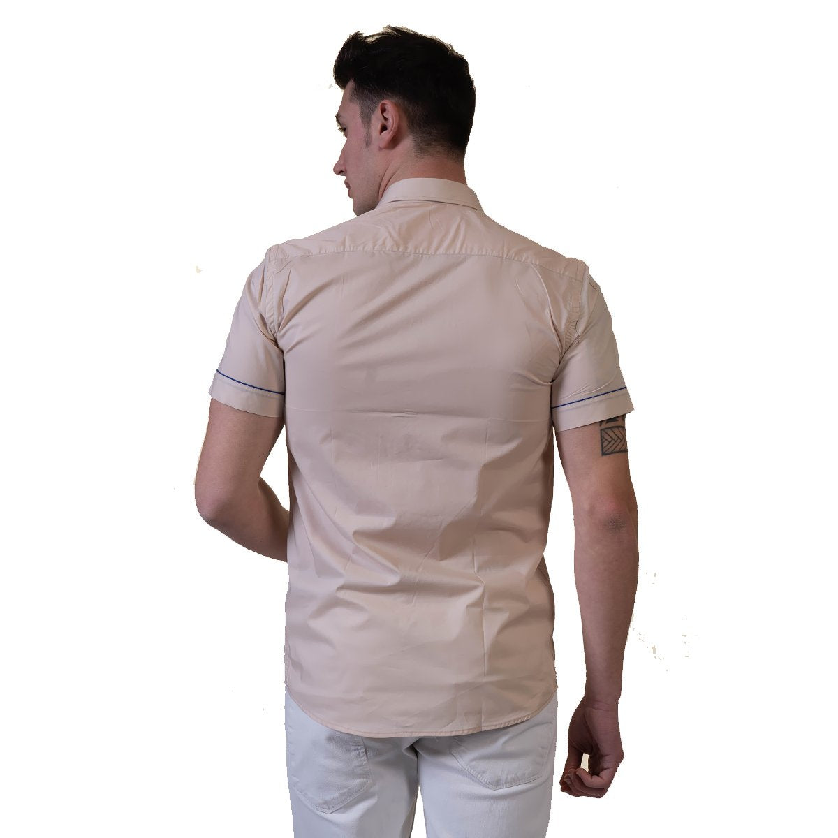 Beige Mens Short Sleeve Button up Shirts - Tailored Slim Fit Cotton