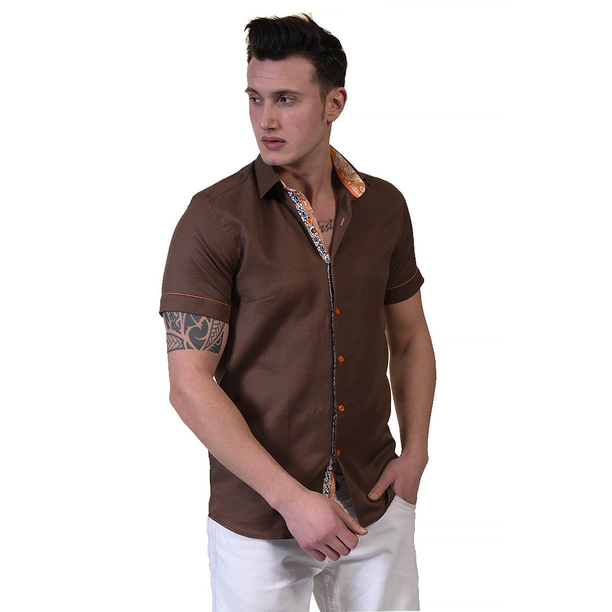 Mens Brown Short Sleeve Button up Shirts - Tailored Slim Fit Cotton