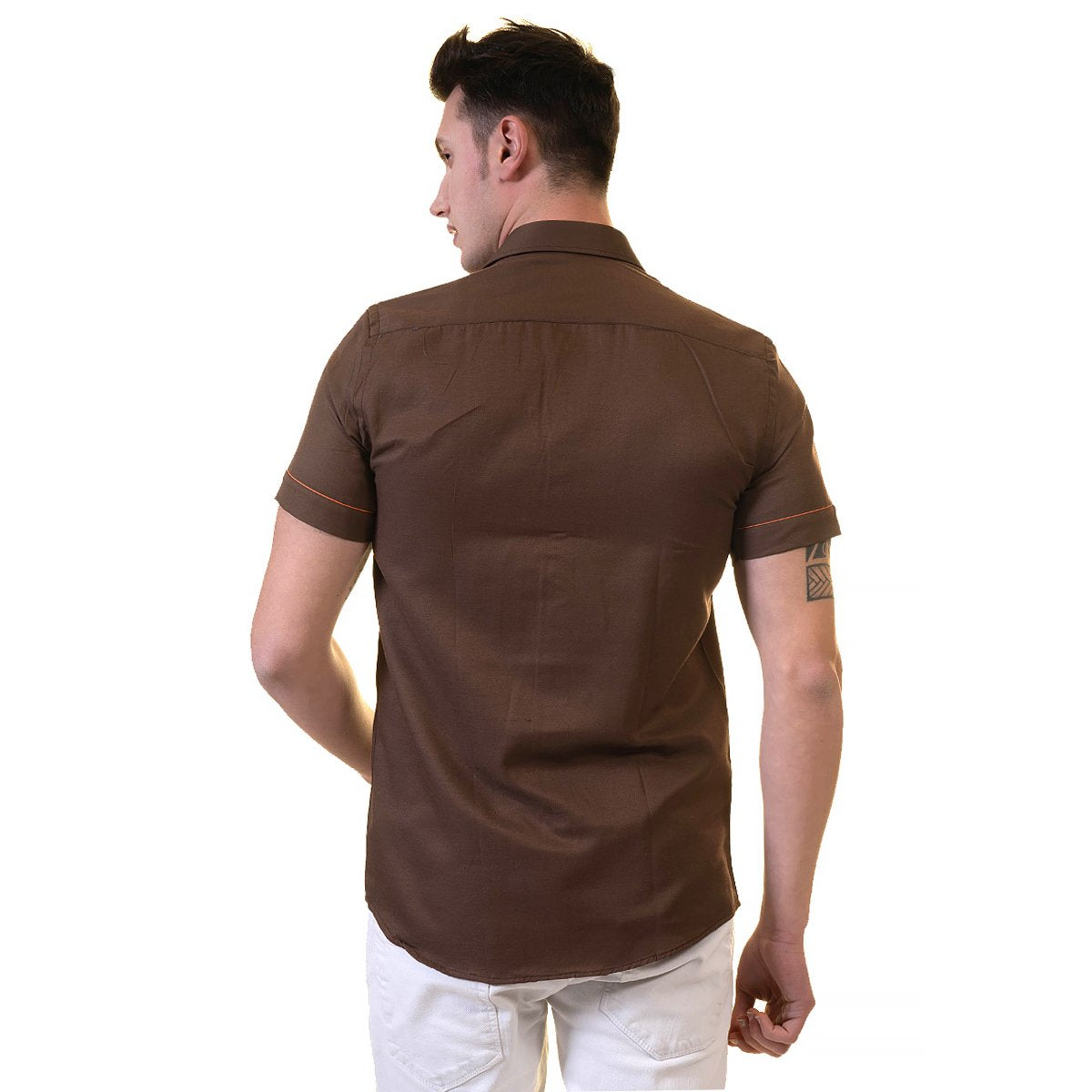 Mens Brown Short Sleeve Button up Shirts - Tailored Slim Fit Cotton