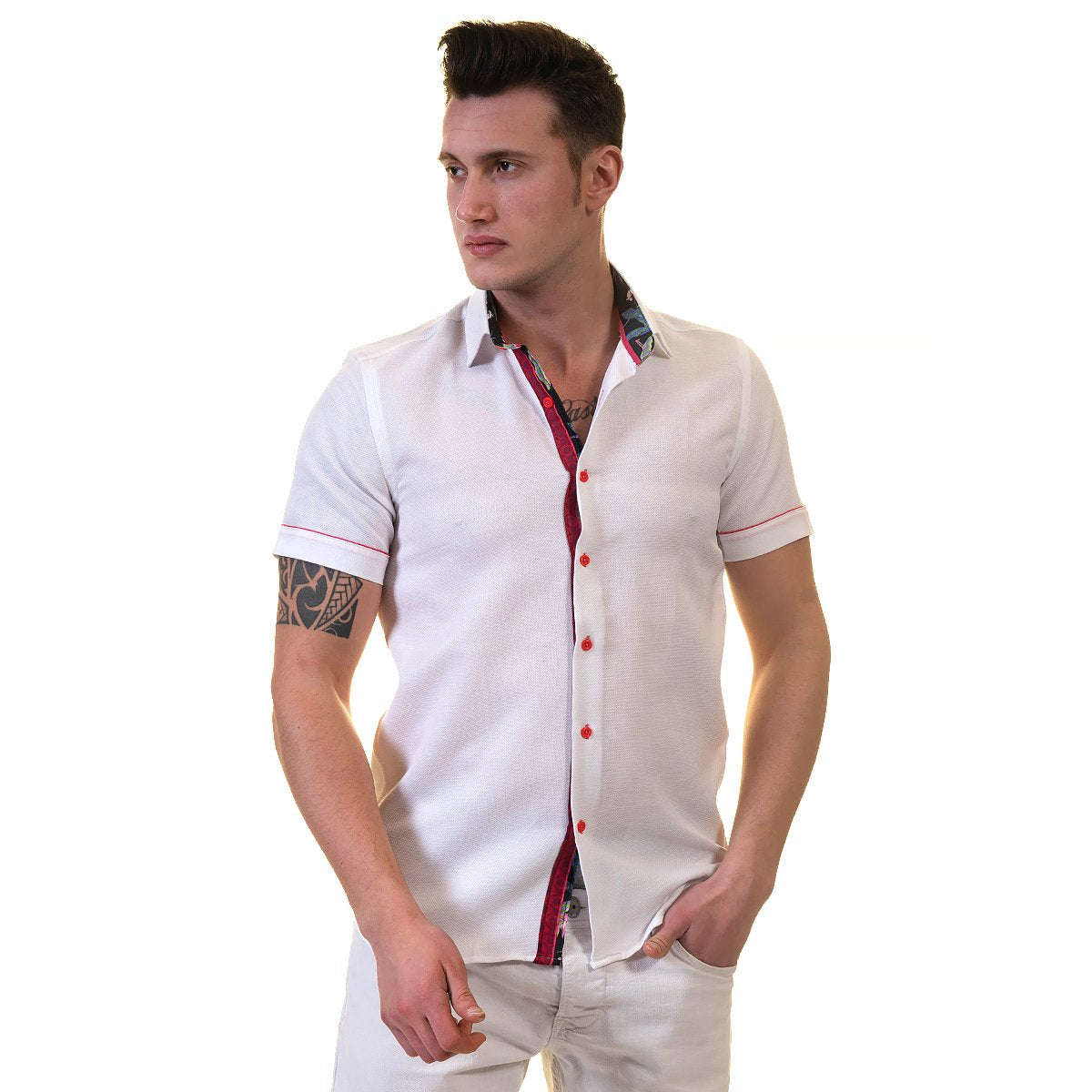 White and Red Mens Short Sleeve Button up Shirts - Tailored Slim Fit