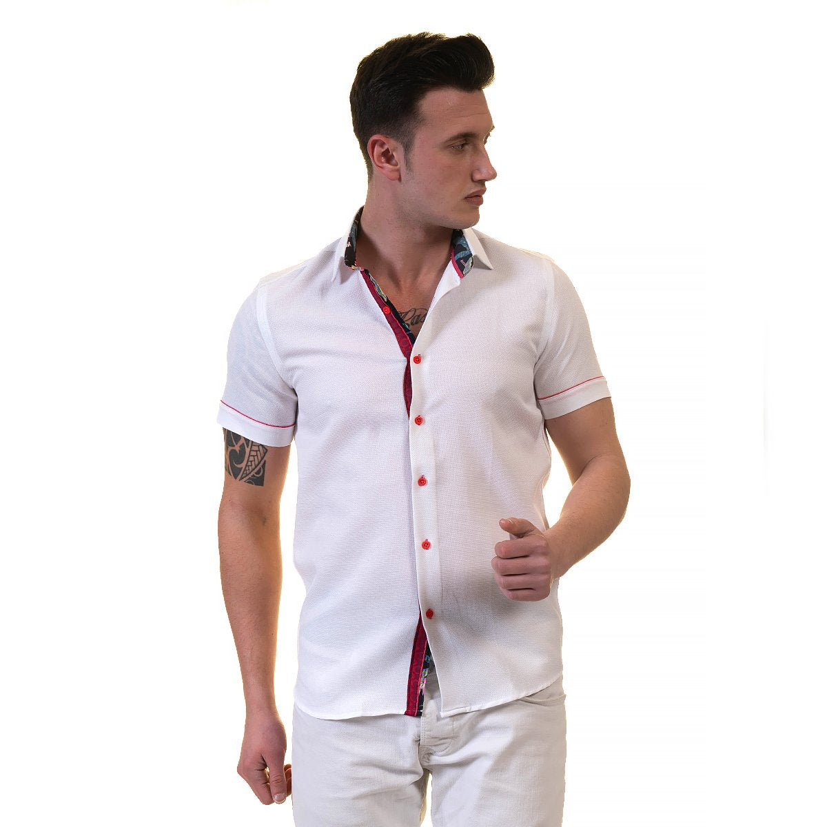 White and Red Mens Short Sleeve Button up Shirts - Tailored Slim Fit