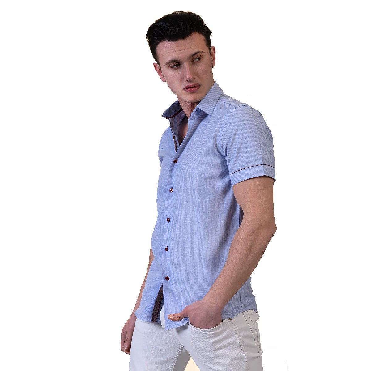 Mens Sky Blue Short Sleeve Button up Shirts - Tailored Slim Fit Cotton