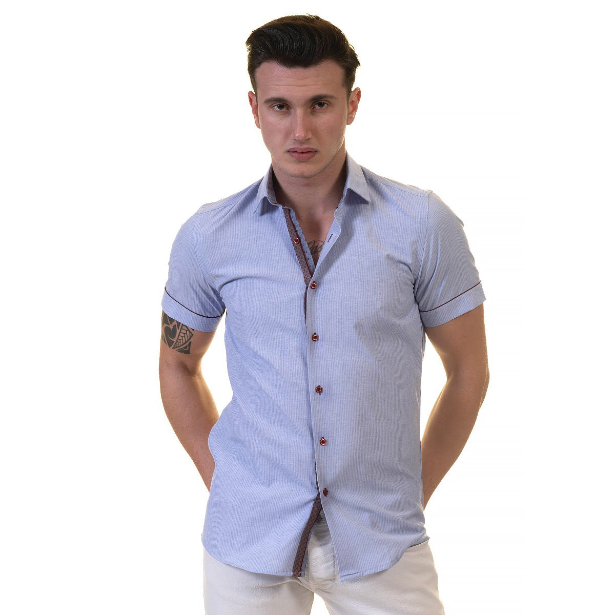 Mens Sky Blue Short Sleeve Button up Shirts - Tailored Slim Fit Cotton