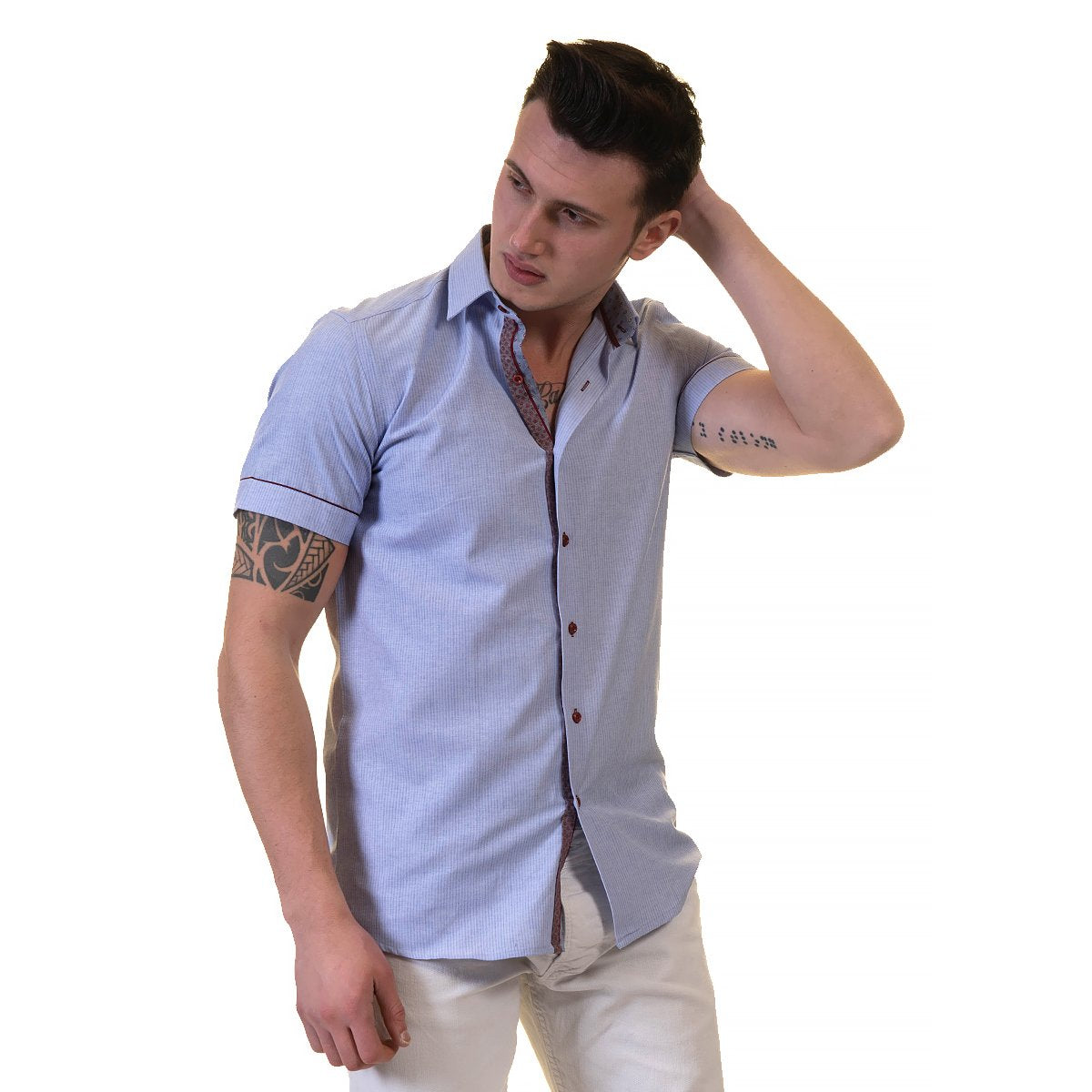 Mens Sky Blue Short Sleeve Button up Shirts - Tailored Slim Fit Cotton