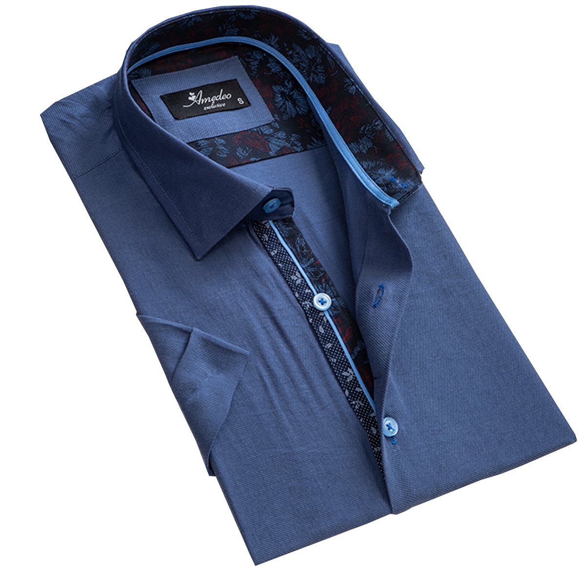 Solid Blue Mens Short Sleeve Button up Shirts - Tailored Slim Fit