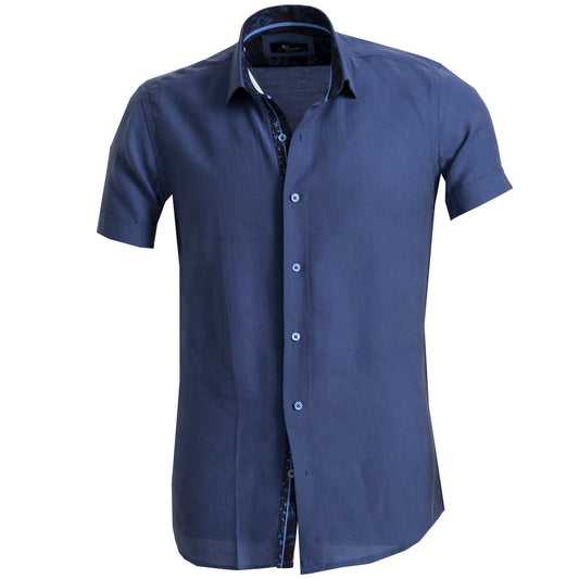 Solid Blue Mens Short Sleeve Button up Shirts - Tailored Slim Fit