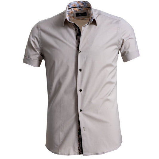 Solid Beige Mens Short Sleeve Button up Shirts - Tailored Slim Fit