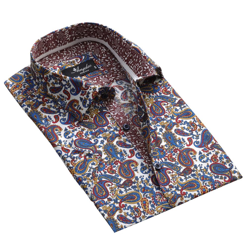 Colorful Paisley Mens Short Sleeve Button up Shirts - Tailored Slim