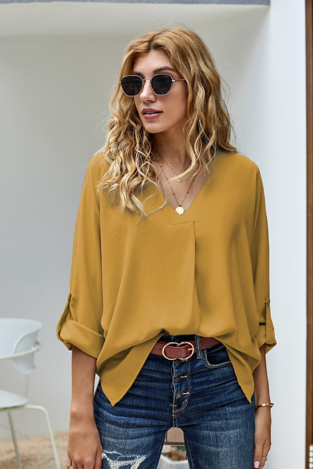 Elegant Yellow V Neck 3/4 Sleeve High Low Hem Blouse