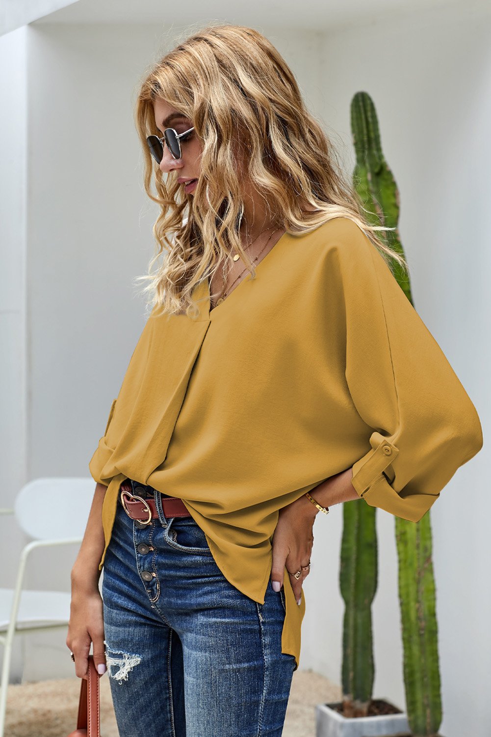 Elegant Yellow V Neck 3/4 Sleeve High Low Hem Blouse