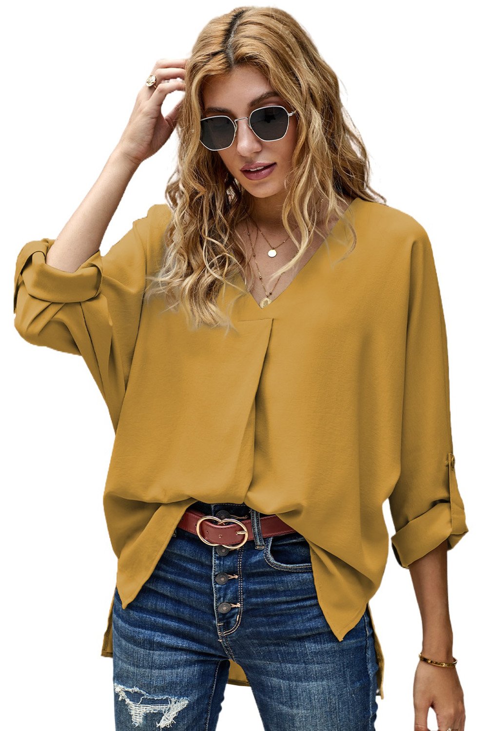 Elegant Yellow V Neck 3/4 Sleeve High Low Hem Blouse