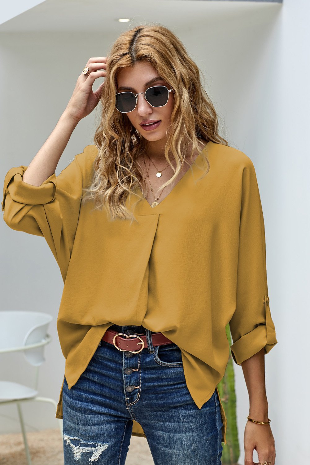 Elegant Yellow V Neck 3/4 Sleeve High Low Hem Blouse