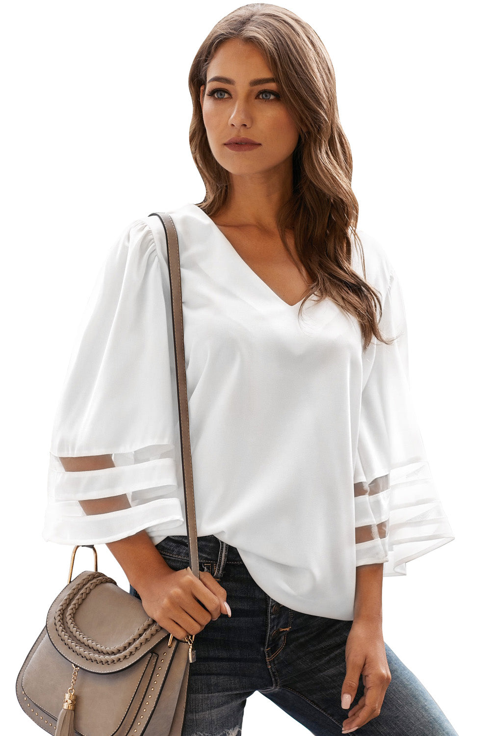 White Flare Sleeve V Neck Loose Women's Chiffon Blouse