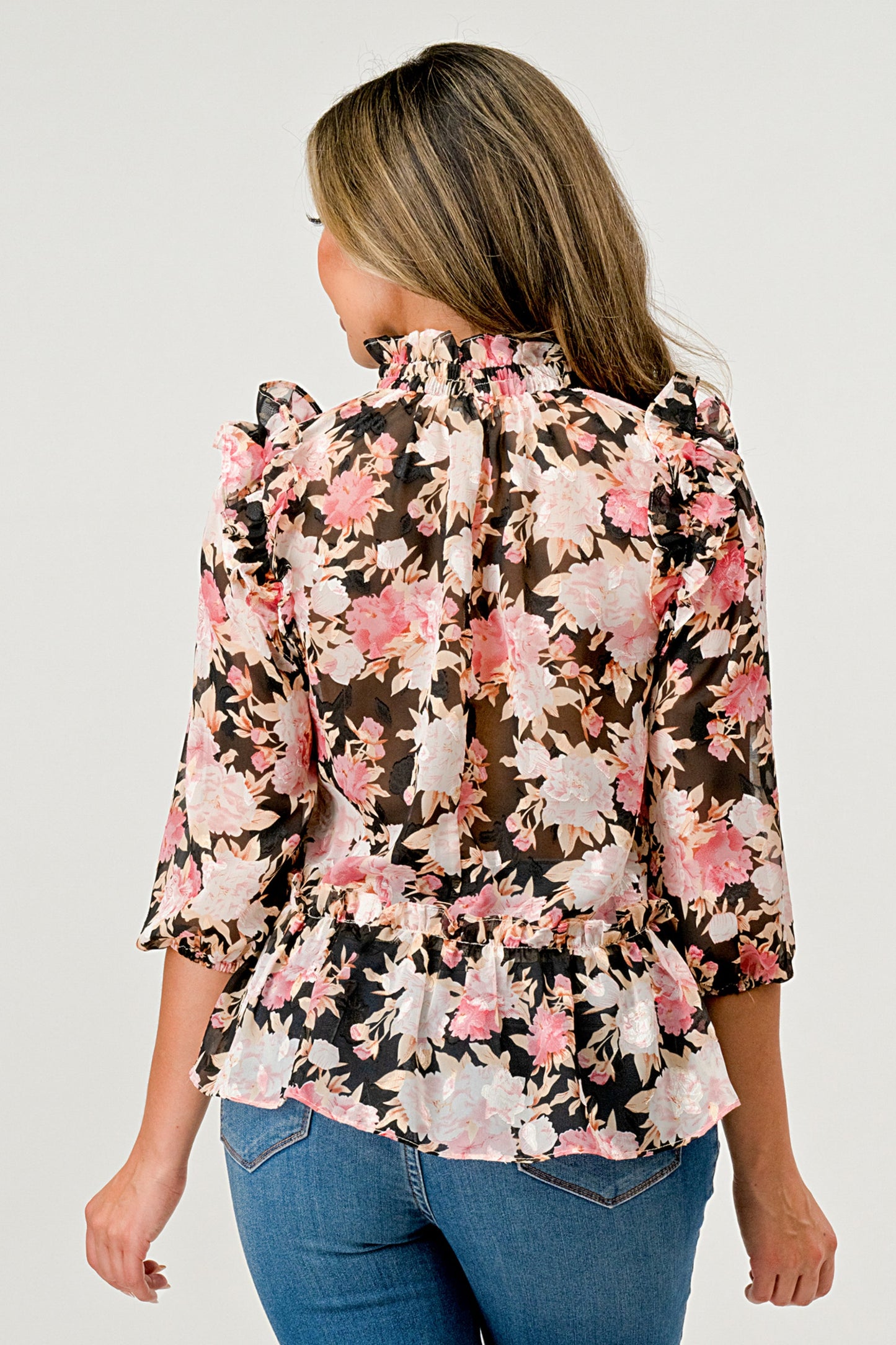 Floral High-Neck Ruffle Blouse