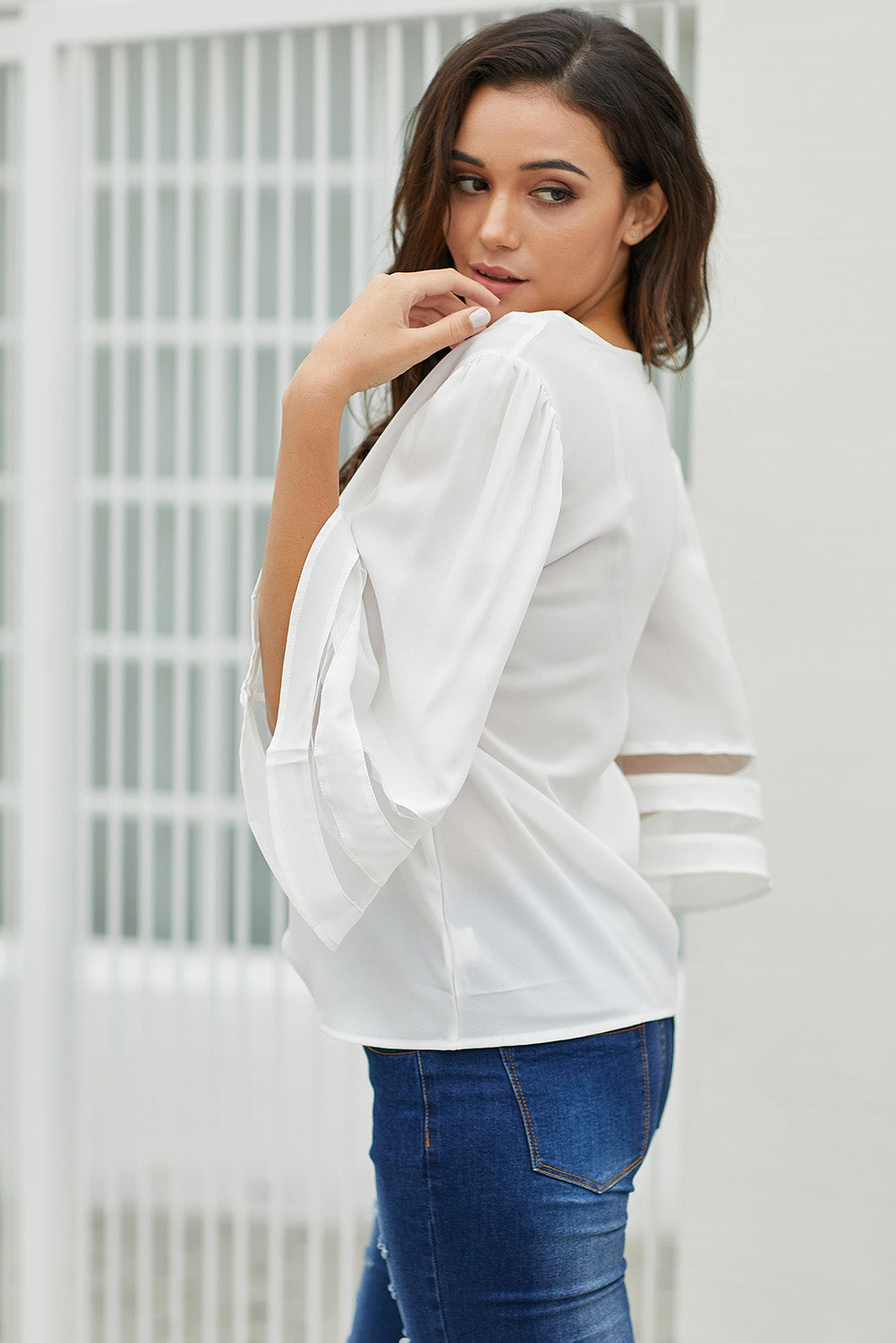 White Flare Sleeve V Neck Loose Women's Chiffon Blouse