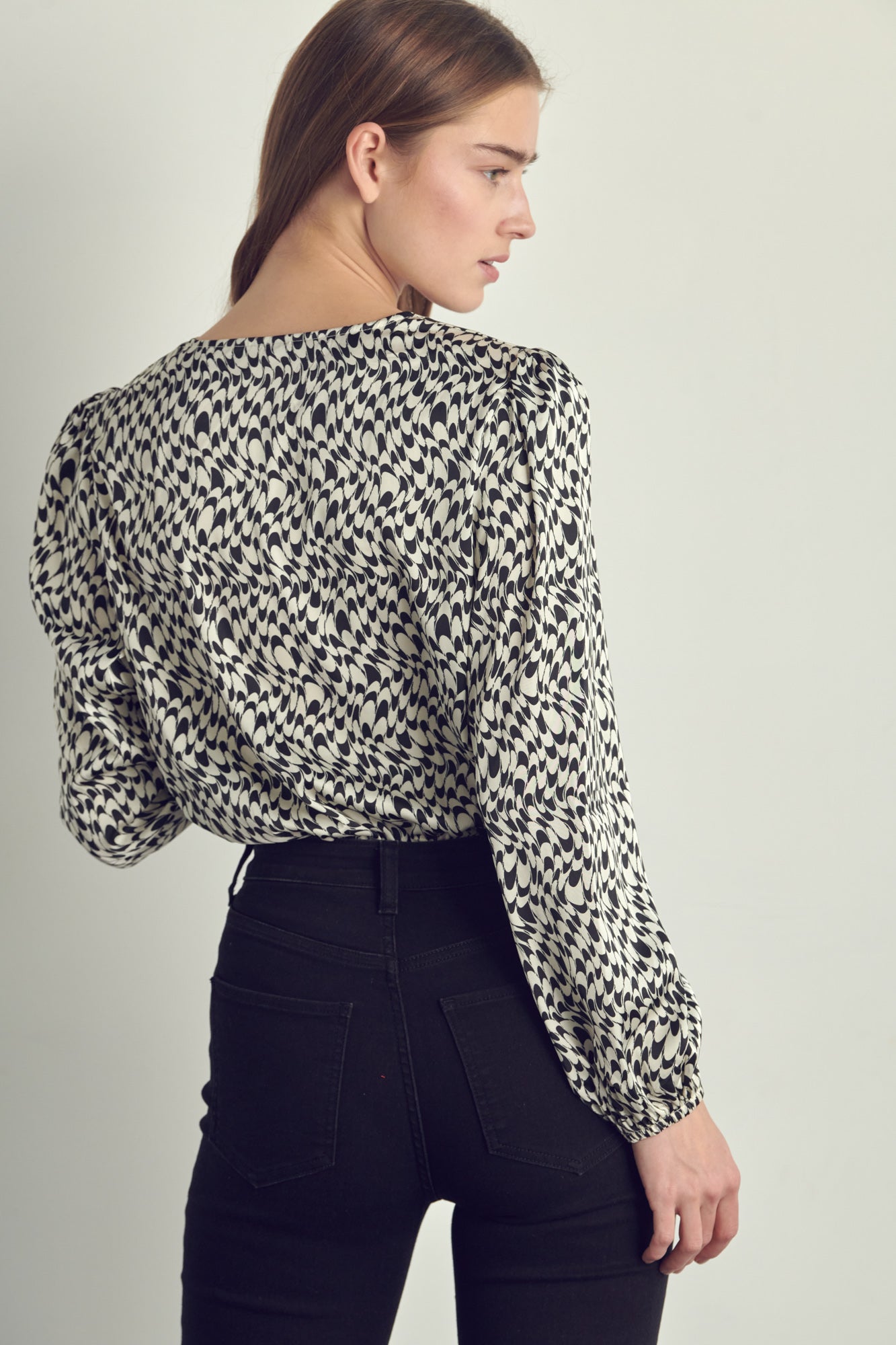 Women's V-Neck Abstract Print Blouse with Long Sleeves