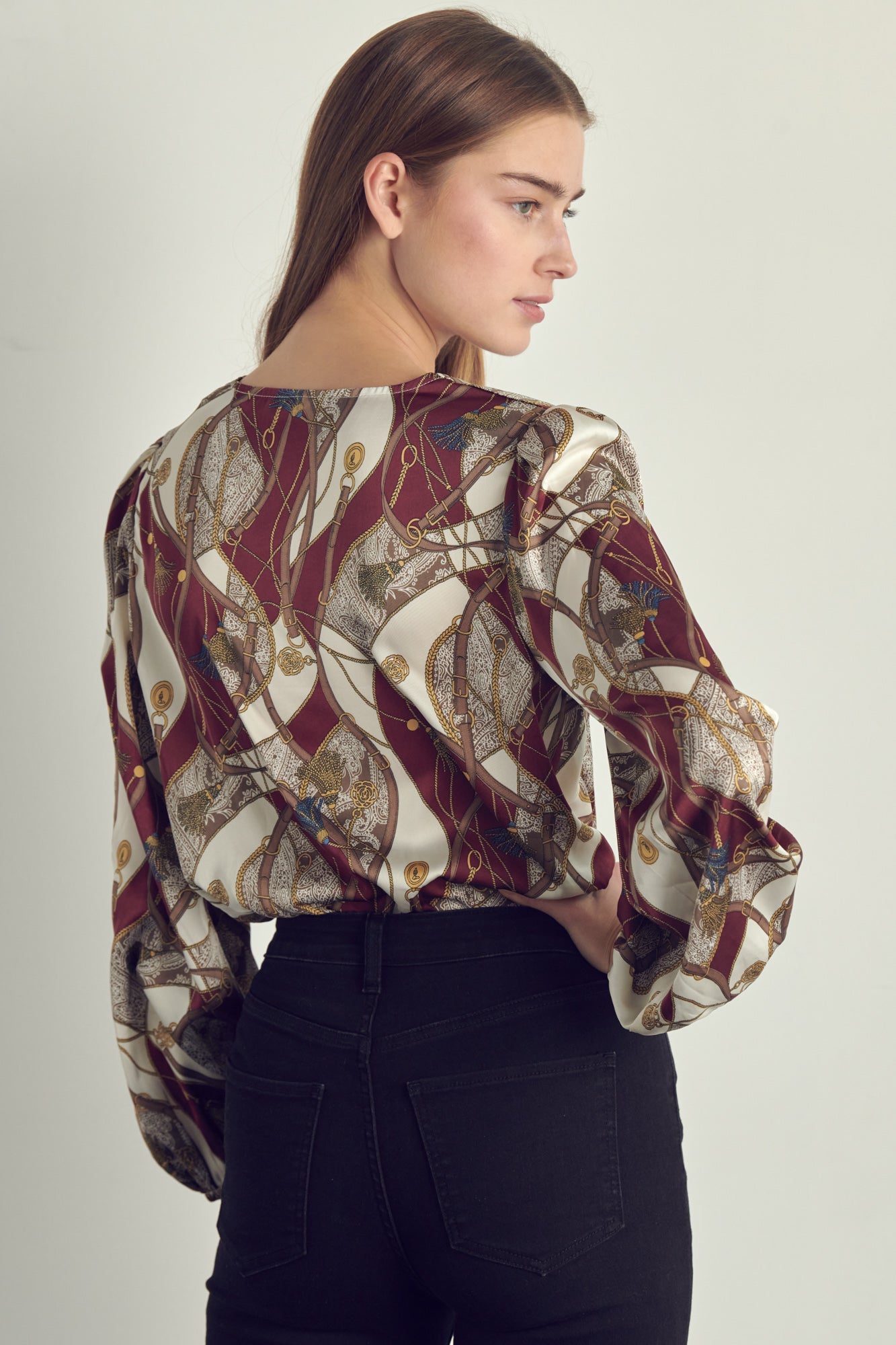 Women's V-Neck Abstract Print Blouse with Long Sleeves