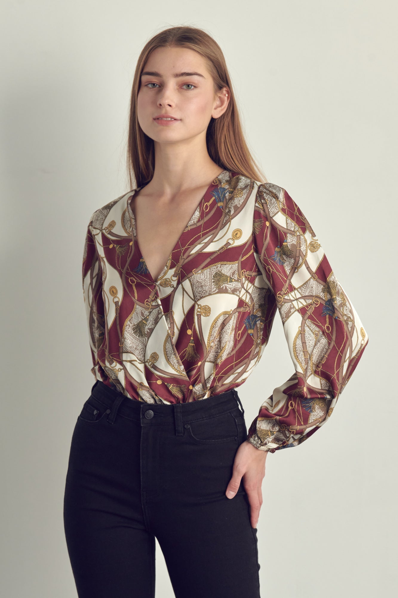 Women's V-Neck Abstract Print Blouse with Long Sleeves